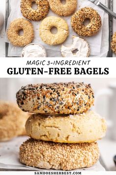 bagels are stacked on top of each other with the words magic ingredient gluten - free bagels