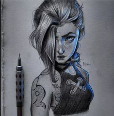 a pencil drawing of a woman with blue eyes and tattoos on her arm, next to a crayon marker