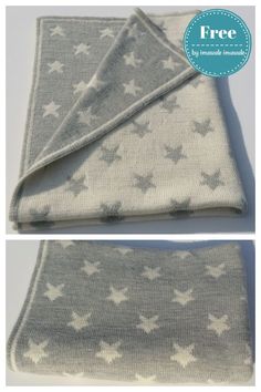 two photos showing how to make a knitted baby blanket with stars on the front and back