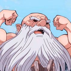 an older man with long white hair and beard flexing his muscles