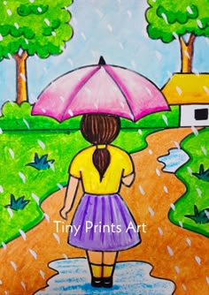 a drawing of a girl walking in the rain with an umbrella