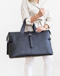 Black Soft Leather Weekender Bag, Black Rectangular Soft Leather Weekender Bag, Black Leather-lined Weekender Bag For Business, Black Leather-lined Weekender Bag For Overnight Trips, Black Leather-lined Satchel Weekender Bag, Weekend Bags, Leather Weekender Bag, Travel In Style