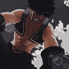 an anime character with black hair and no shirt on, holding his arms out in front of the camera