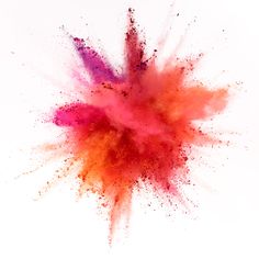 an orange and pink colored powder is flying in the air on a white background with space for text