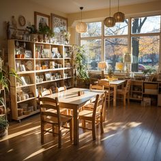 a room filled with lots of wooden tables and chairs next to a large open window