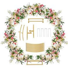 a circular frame with flowers and plants around it