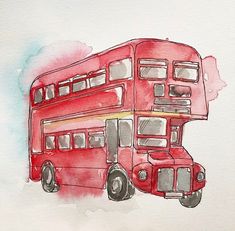 a red double decker bus painted in watercolor