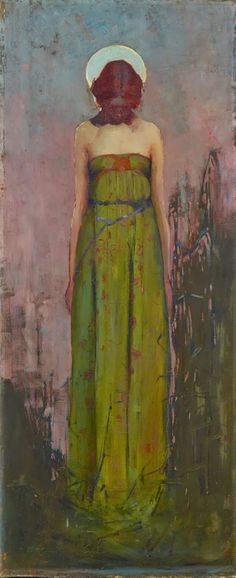 a painting of a woman in a green dress and white hat with her back to the camera