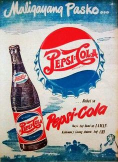 an advertisement for pepsi cola from the 1950's, featuring a bottle and its cap