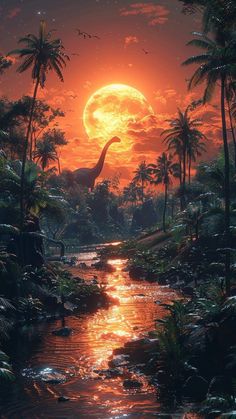 an artist's rendering of a dinosaur in the jungle with palm trees and water