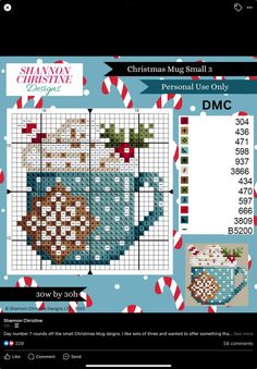 a cross stitch christmas mug with candy canes on it and the pattern is shown