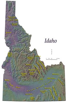 a map of idaho with the names and cities