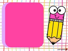 a pink pencil with eyes and a smiling face on it, next to a plaid background