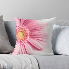 a pink flower with yellow center sitting on top of a gray couch next to pillows