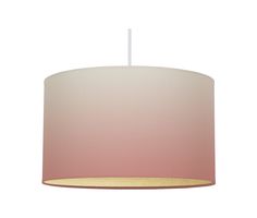 a pink and white lamp shade hanging from a ceiling fixture with a light on it