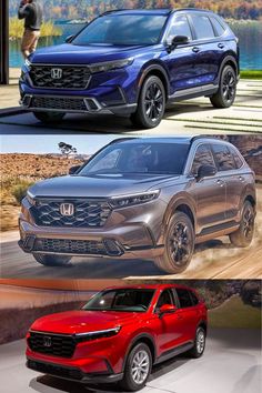 three different cars on display at an auto show, one is red and the other is blue