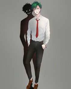 a man with green hair standing next to a black cat wearing a red tie and white shirt