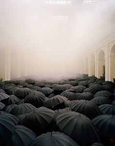 black and white photograph of people holding umbrellas in the rain with fog behind them