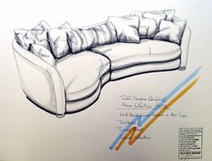 a drawing of a couch with pillows on it's back and the rest of its arm