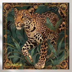 a painting of a leopard in the jungle with green leaves and swirls around it