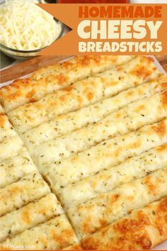 homemade cheesy breadsticks with cheese on top and in the background, there is