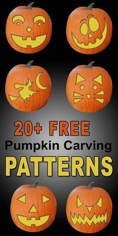 pumpkin carving patterns with the words 20 + free pumpkin carving patterns on it and an image of jack - o - lantern faces