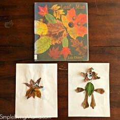 the book leaves man is next to two paper plates with autumn leaves on them and an owl