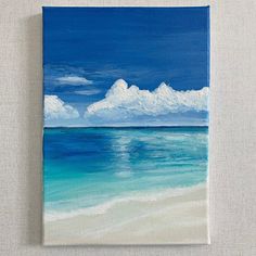 an acrylic painting of a beach scene with blue water and clouds in the sky