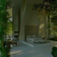 a bed sitting in the middle of a bedroom next to a lush green plant covered wall