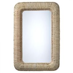 a square mirror made out of wicker on a white background