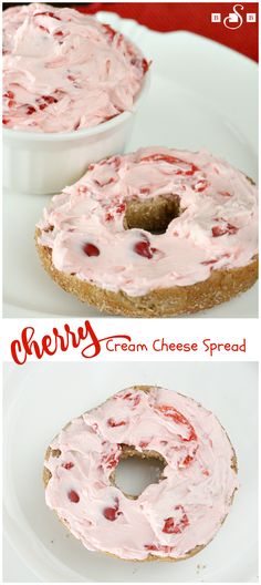 an image of a bagel with cream cheese spread on it and another photo of the bagel