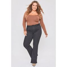 Oh, the possibilities! Our Junior's Plus Size Basic Flare Jean is ready for work, date night, and everything in between. The super-soft fabric makes this piece even more comfortable than they look. Featuring classic 5-pocket construction, trendy flares, single-button closure with front zip, and belt loops. Measurement (Based on size 18) - Inseam: 33 - Rise (To top edge of band): 12 - Leg Opening: 23 Composition: - 73% Cotton/ 25% Polyester/ 2% Spandex  Machine wash cold.  Model is wearing a size Plus Size Flare Jeans, Elastic Jeans, Ymi Jeans, High Rise Bootcut Jeans, Just My Size, Denim Jeggings, High Rise Denim, Plus Size Jeans, Fit & Flare