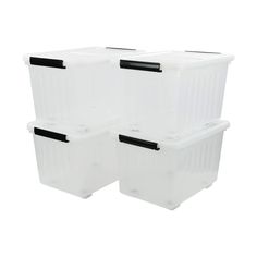 three white plastic storage containers with black handles