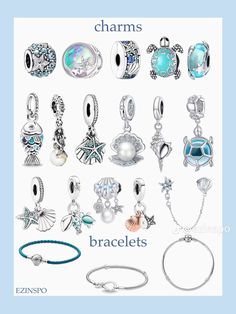 Pandora Bracelet Ideas Simple, Aesthetic Pandora Charms, Summer Pandora Charms, Pandora Charms Aesthetic, Beachy Pandora Charms, Pandora Charm Bracelet Aesthetic, Pandora Beach Theme Bracelet, Pandora Sea Charms, Pandora Bracelet Blue Theme