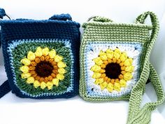 Casual Yellow Crochet Bag With Adjustable Strap, Yellow Crochet Shoulder Bag With Adjustable Strap, Sunflower Granny Square Drawstring Bag, Sunflower Purse, Everyday Rectangular Bag With Sunflower Design, Sunflower Crochet Crossbody Bag, Green Sunflower, Sunflower Bag, Summer Purse