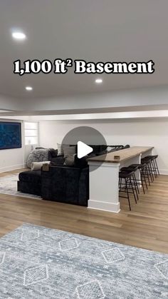 an image of a living room and kitchen with the words $ 100 off basement remodel