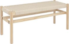 a wooden bench with woven seat cushion