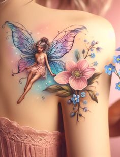 the back of a woman's body with flowers and a fairy tattoo on it