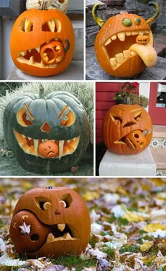 pumpkins carved to look like jack o lantern faces