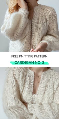 a woman wearing a white knitted sweater with text that reads free knitting pattern cardigan no 2