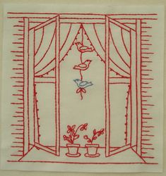 a red and white drawing of a window with potted plants