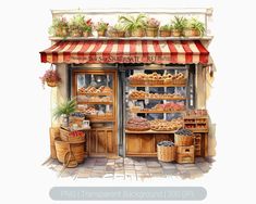 a watercolor painting of a store front filled with pastries