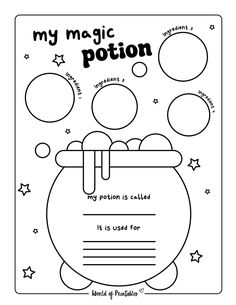 a coloring page with the words, my magic pot on it and bubbles in the background