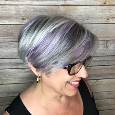 50+ Gray Bob With Pastel Purple Balayage Grey Hair With Purple Highlights, Purple Grey Hair, Purple Hair Highlights, Purple Balayage, Purple Highlights, Bob Haircuts For Women, Gray Hair