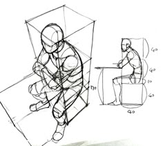 a drawing of a person sitting in front of a table with an object on it