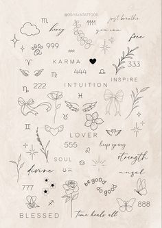 the back side of a sheet of paper with writing on it and flowers, butterflies, hearts