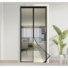 an open glass door leading to a living room with a green plant in the corner