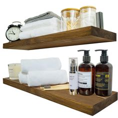 two wooden shelves filled with personal care items