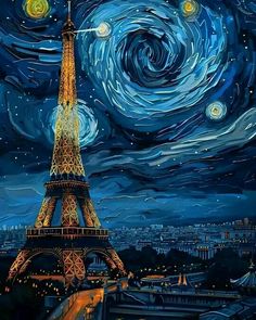 the eiffel tower at night with stars and swirls in the sky above it