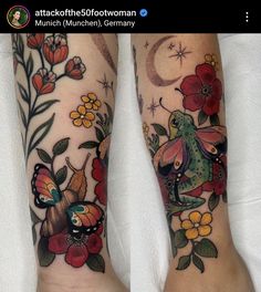 two tattoos on the legs of people with flowers and butterflies, one has a frog